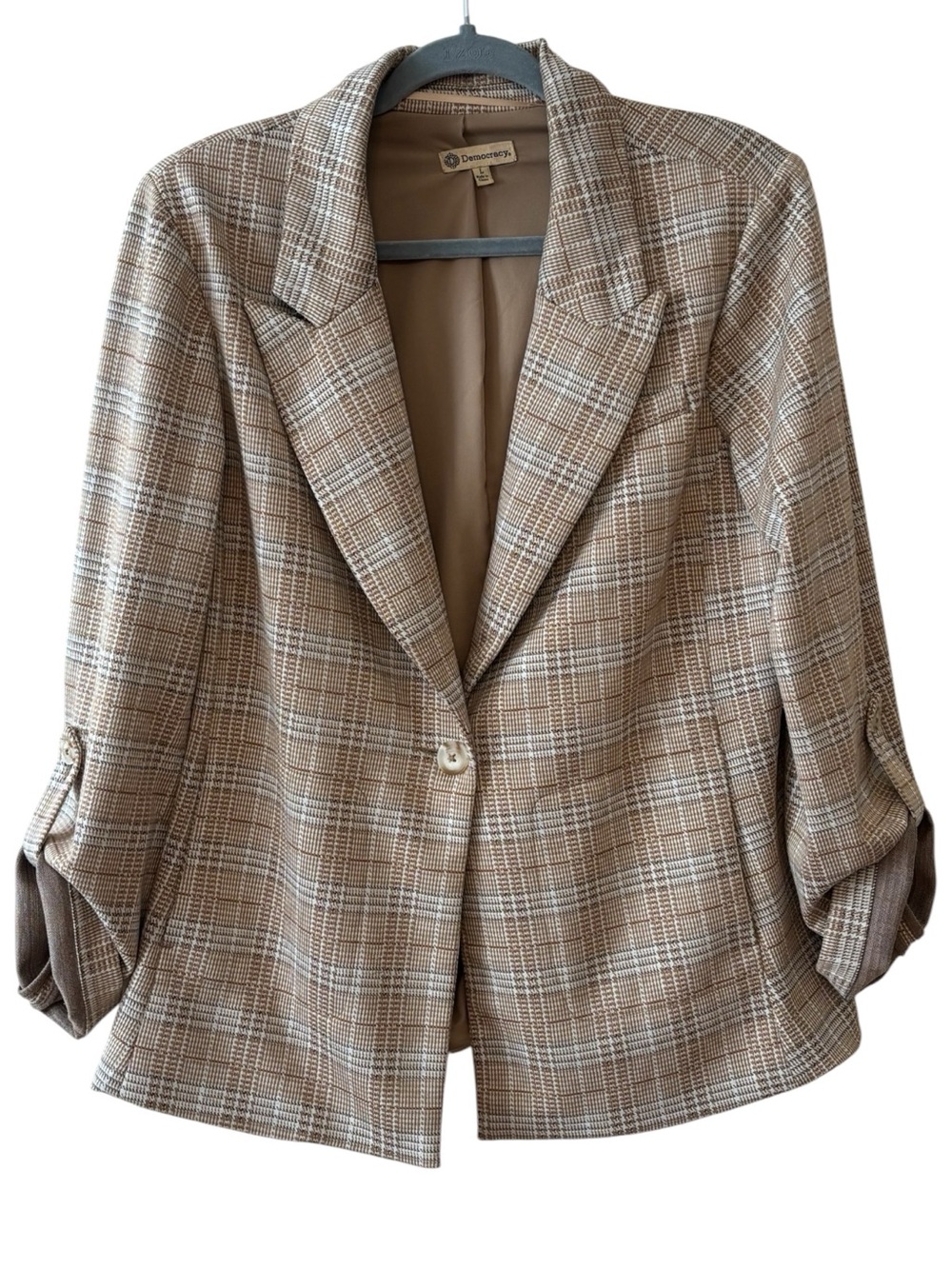Democracy Tan & Gold Plaid One Button Blazer Jacket Size Large